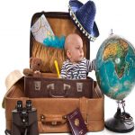 bebé, maleta, excursión, mundo